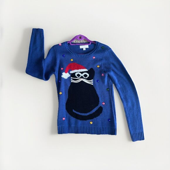 Carolyn Taylor Ugly Christmas Sweater Small Navy Cat Santa Beaded Festive Y2K - Picture 14 of 14
